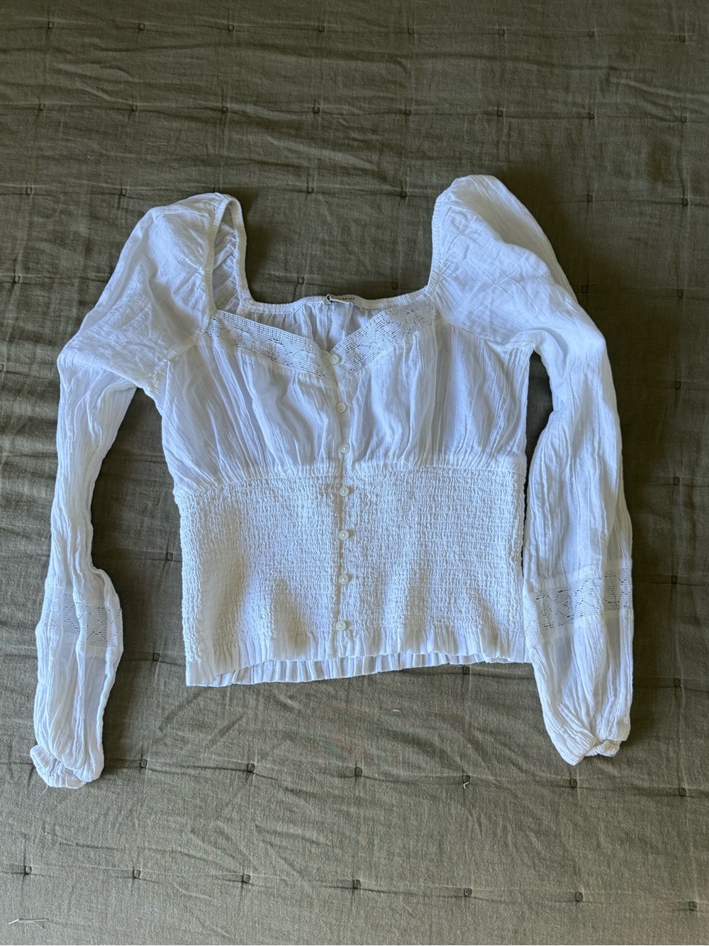 American Eagle White Smocked Long-Sleeve Square Neck Top